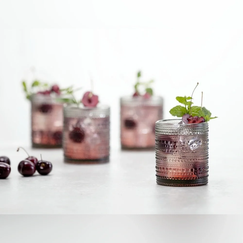4 William Sonoma Fortessa Jupiter Short Tumblers. 10-12 oz 3 clear 1 pink